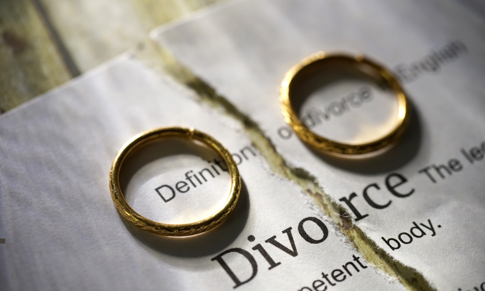 Image of two rings on a piece of paper with the word Divorce printed on it